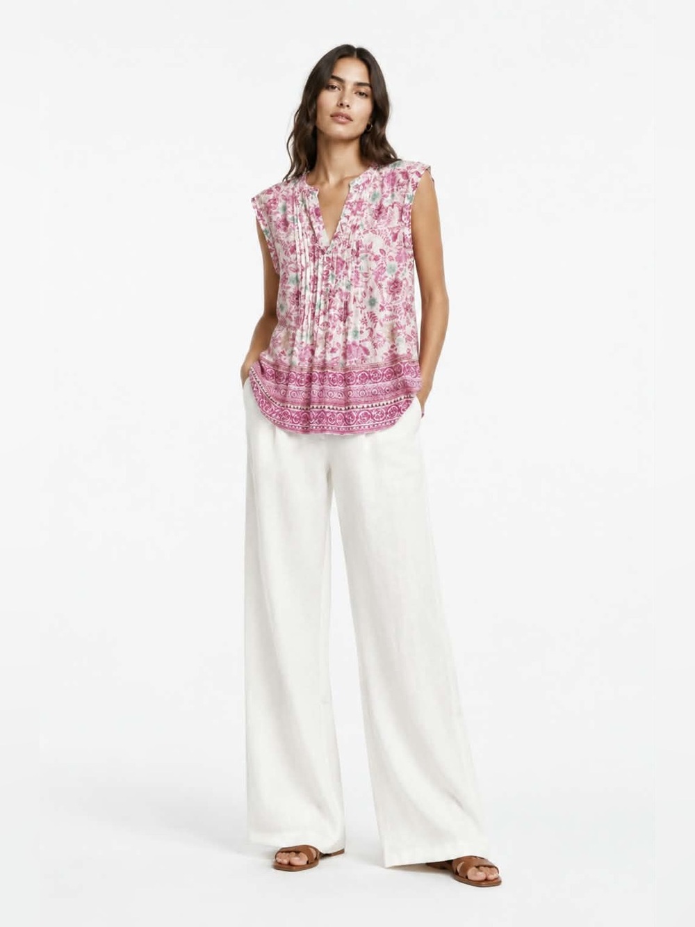 4/$20➡️ Sonoma White & Pink Sheer Floral Blouse Ruffle Neckline – Medium EUC